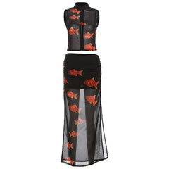 High slit goldfish print button mesh see through maxi skirt set
