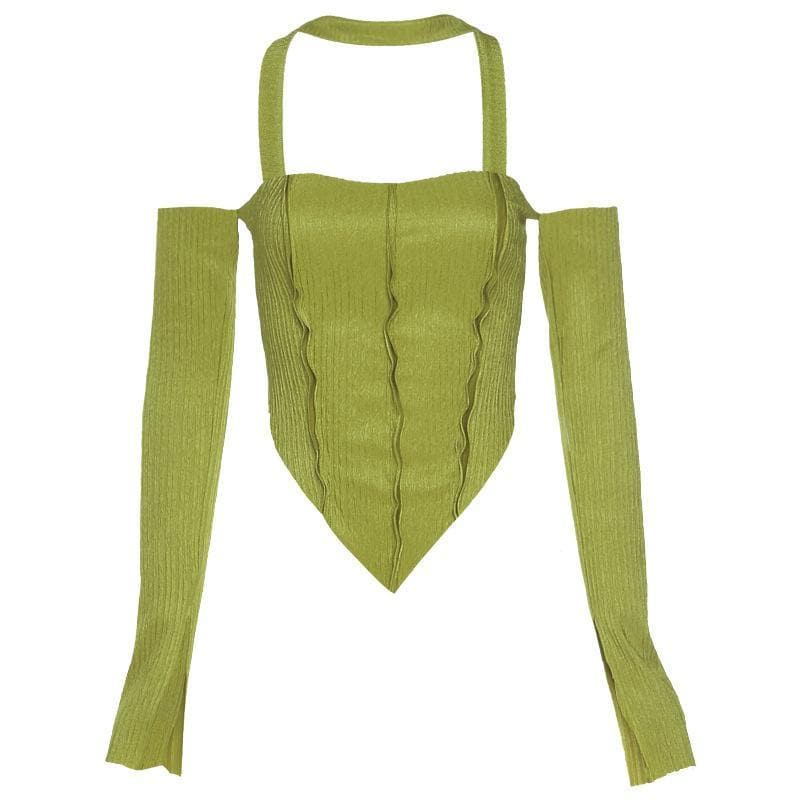 Long sleeve off shoulder patchwork halter top