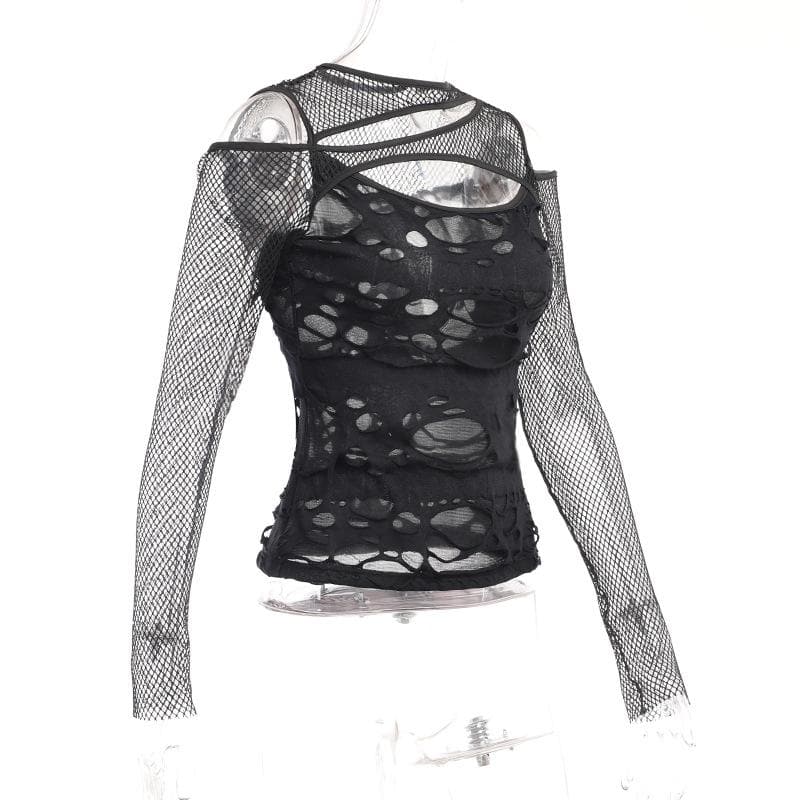 Long sleeve fishnet hollow out irregular see through cut out top