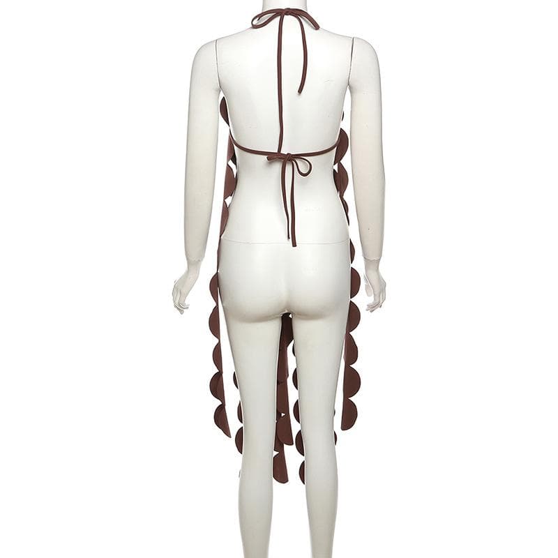 Halter self tie backless irregular hollow out solid cut out top