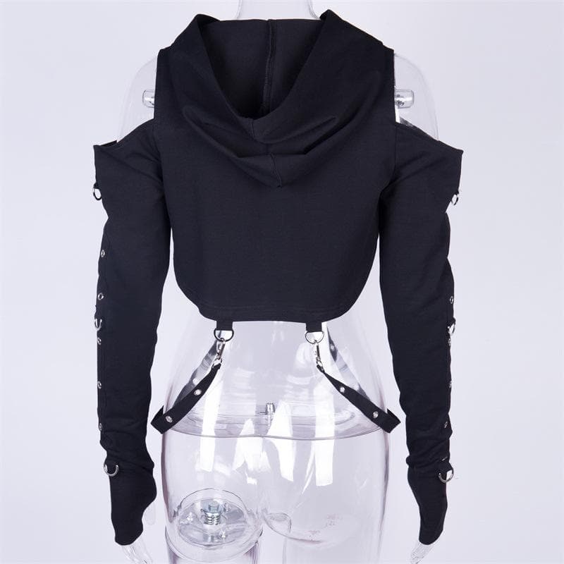 Hoodie ribbon off shoulder buckle long sleeve gloves crop top