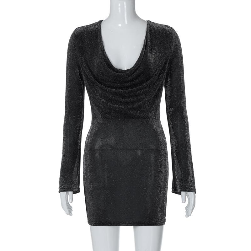 Long sleeve cowl neck ruched glitter solid mini dress
