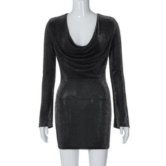 Long sleeve cowl neck ruched glitter solid mini dress