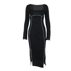 Beaded square neck slit long sleeve midi dress