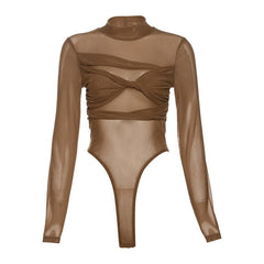 Long sleeve high neck mesh ruched bodysuit
