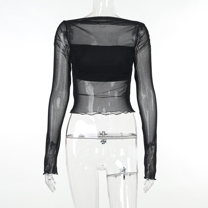 Long sleeve ruffle ruched mesh patchwork solid 2-way top