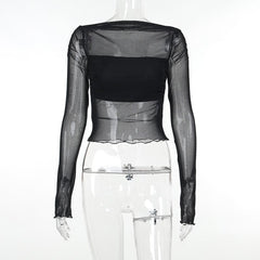 Long sleeve ruffle ruched mesh patchwork solid 2-way top
