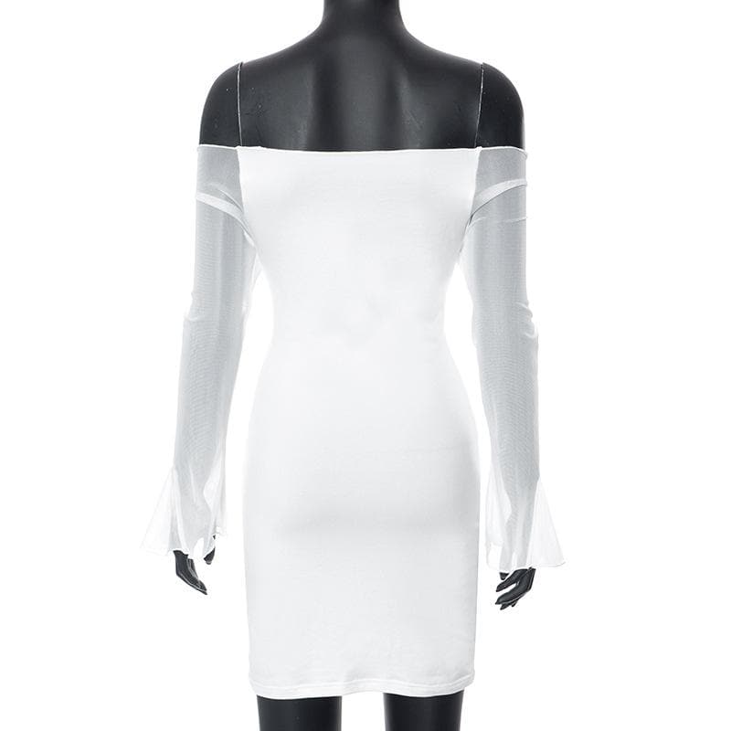 Mesh solid off shoulder long sleeve self tie mini dress