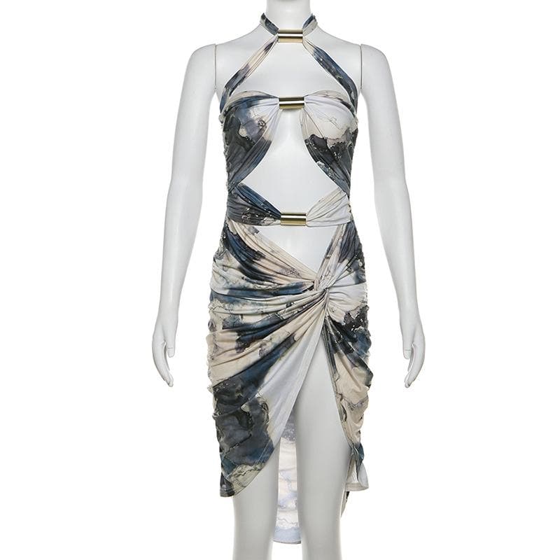 Halter tie dye ruched metal applique midi dress