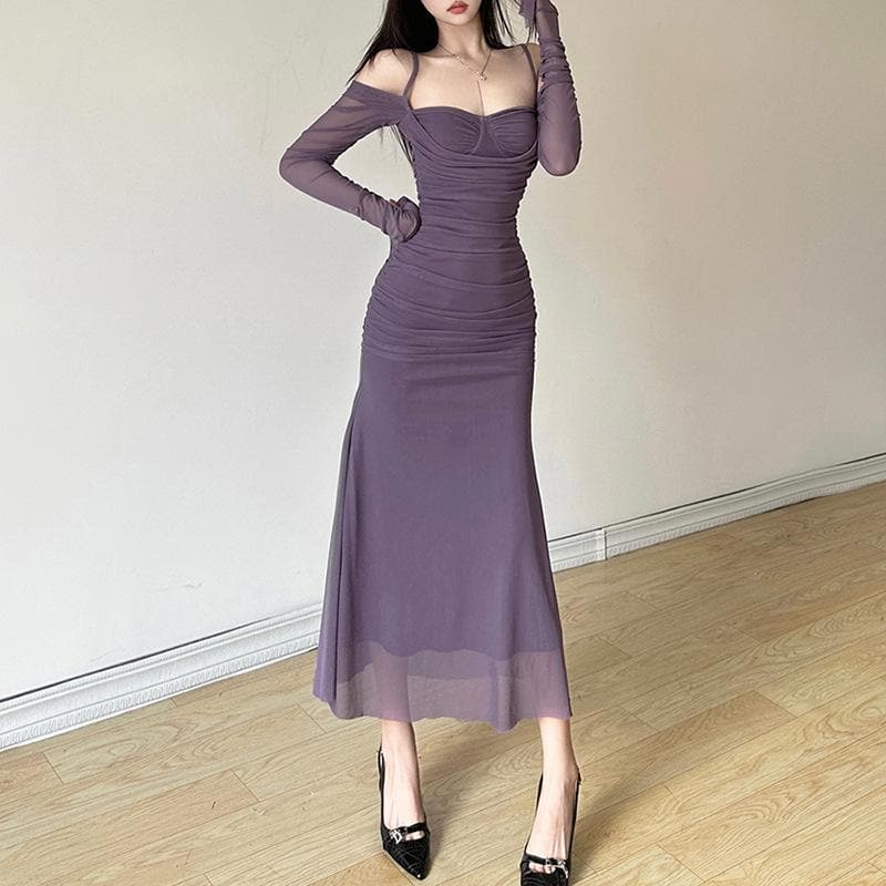 Long sleeve mesh ruched off shoulder cami midi dress