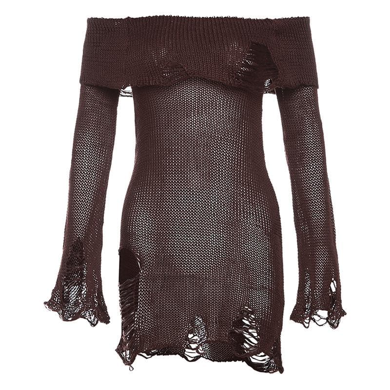 Long flared sleeve off shoulder hollow out see through knitted cut out mini dress - Final Sale