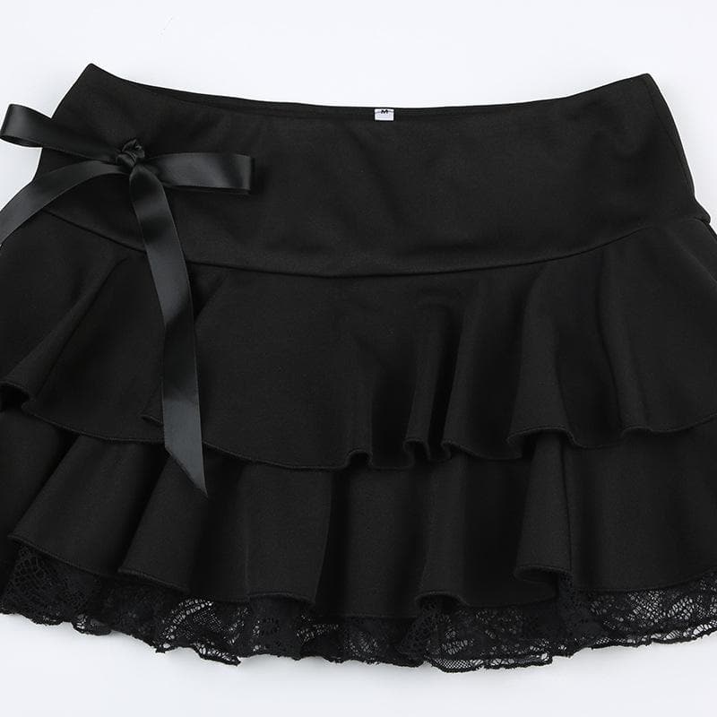 Bowknot solid ruffle lace hem low rise mini skirt