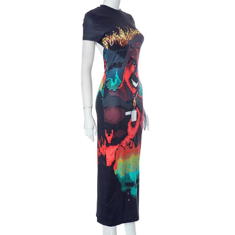 Abstract short sleeve backless contrast midi dress