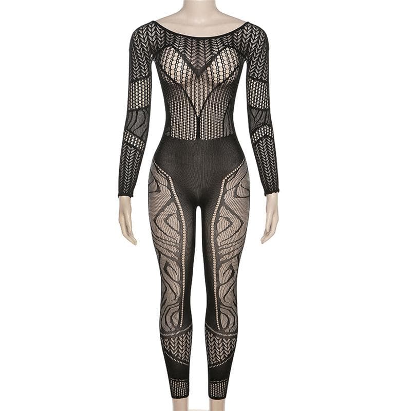 Long sleeve hollow out solid fishnet see through jumpsuit - Final Sale