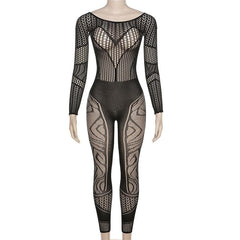 Long sleeve hollow out solid fishnet see through jumpsuit - Final Sale