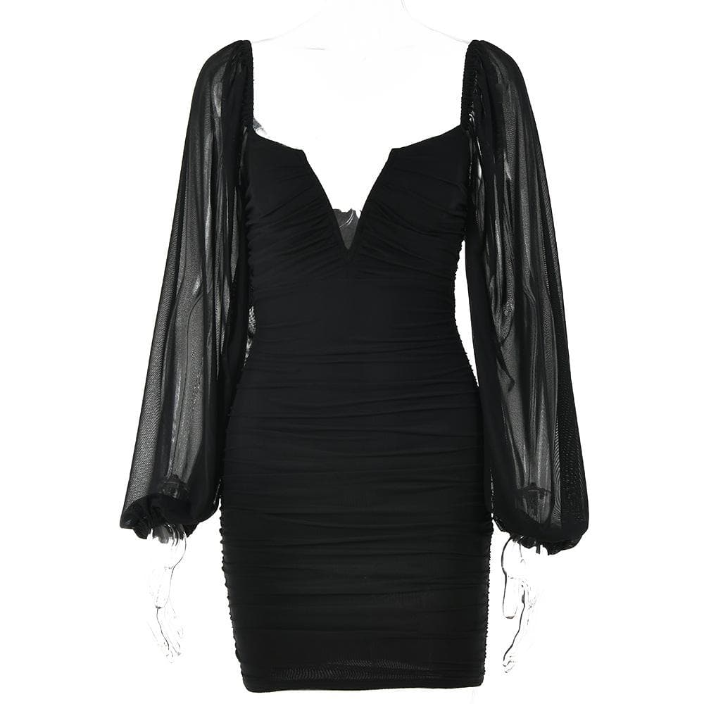 Mesh solid long sleeve ruched notch neck zip-up mini dress