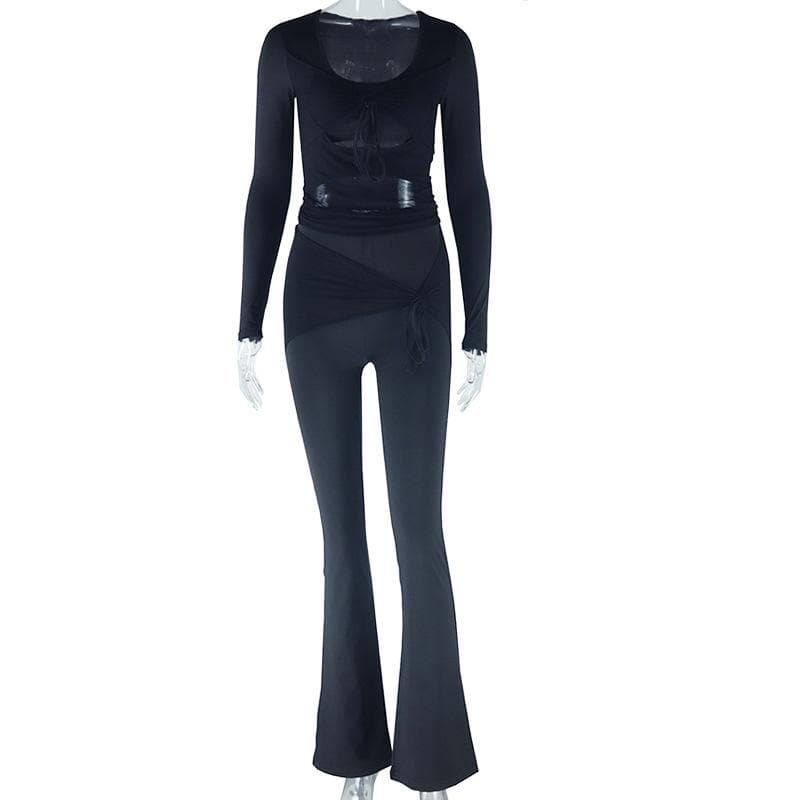 Long sleeve drawstring ruched patchwork jumpsuit