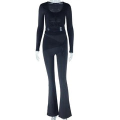 Long sleeve drawstring ruched patchwork jumpsuit