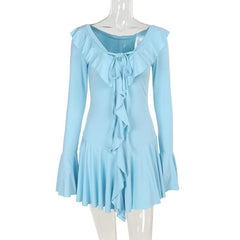 Long flared sleeve ruffle self tie mini dress