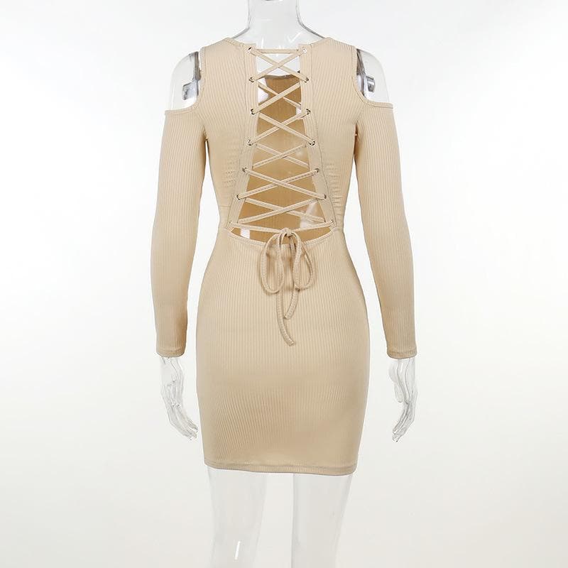 Long sleeve solid hollow out lace up self tie cut out mini dress