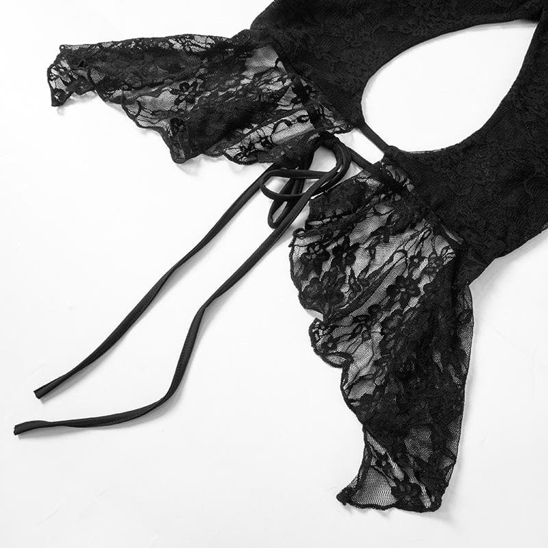 High neck lace hollow out ruffle see through pant set