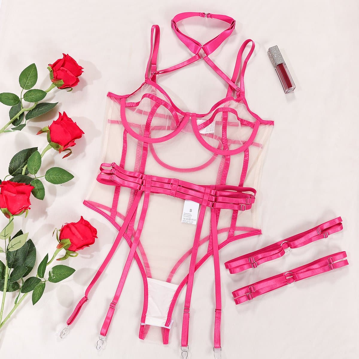 Mesh print garter o ring halter bodysuit