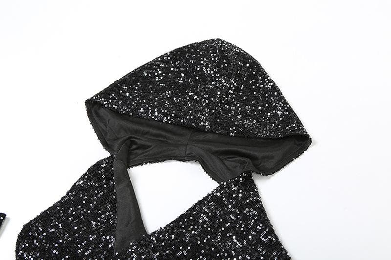 Glitter cowl neck hoodie gloves backless halter crop top