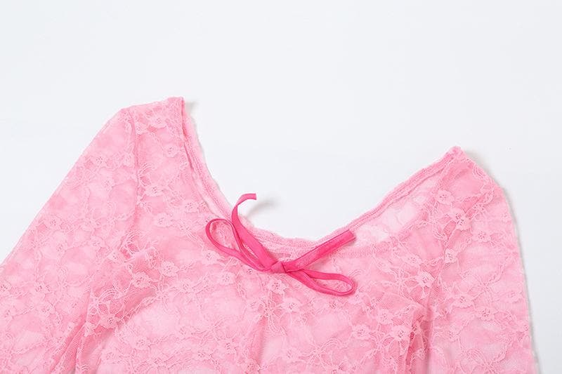 Long sleeve bowknot u neck lace see through jumpsuit