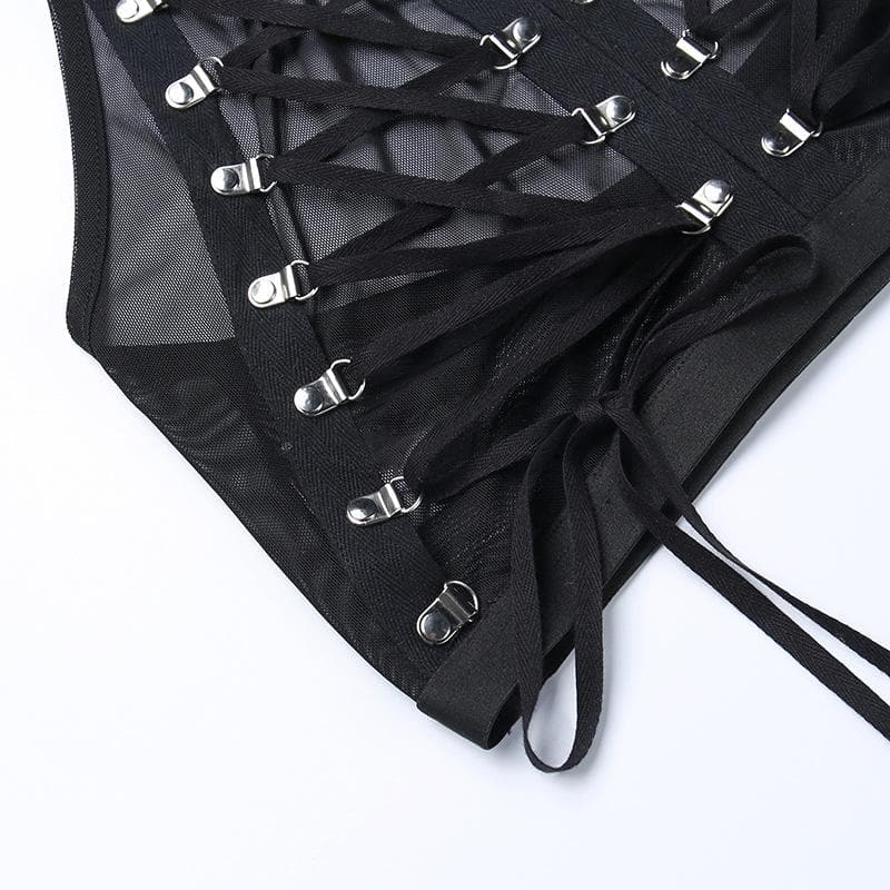Mesh see through lace up open back metal ring open back top
