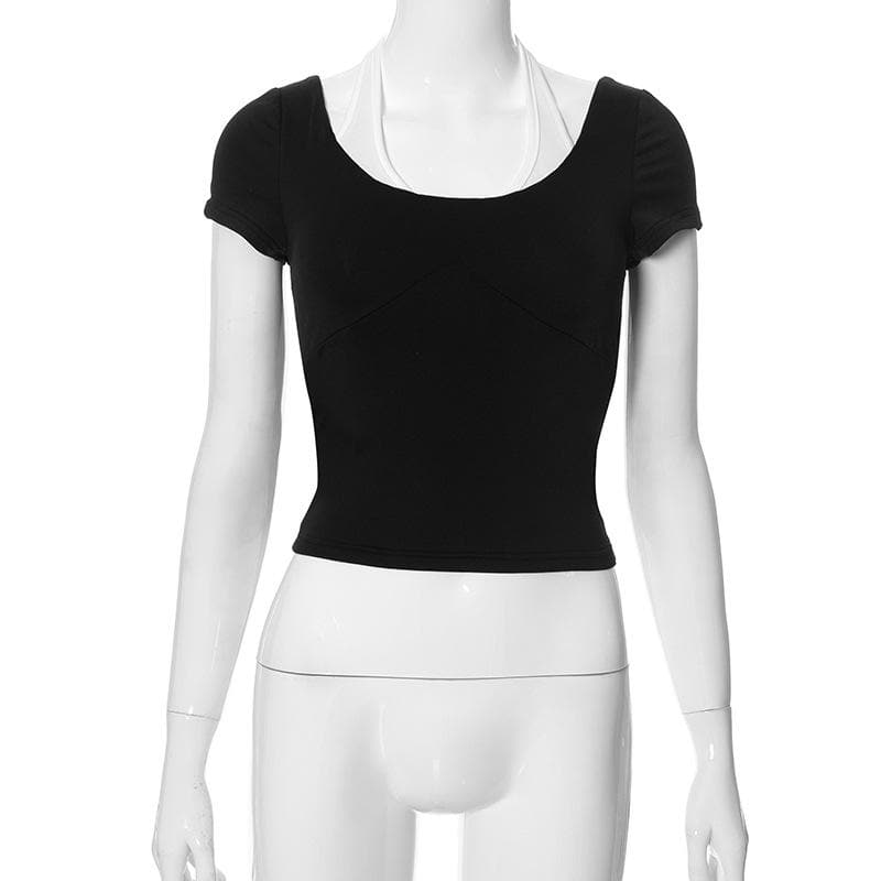 Halter u neck contrast short sleeve top