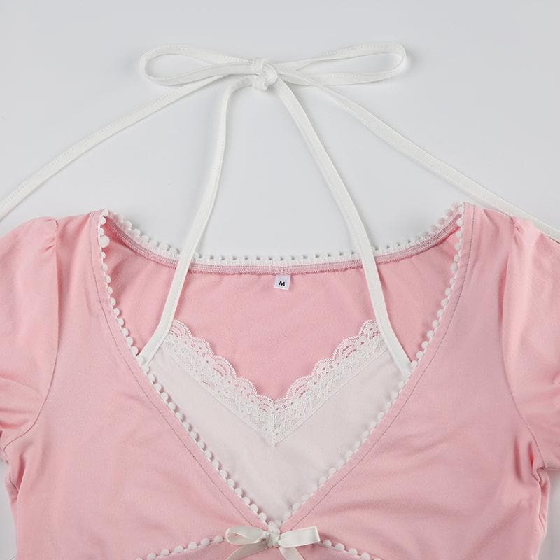 Halter short sleeve bowknot ruffle top