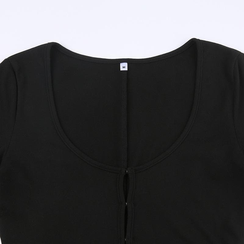 Long sleeve solid button u neck hollow out romper