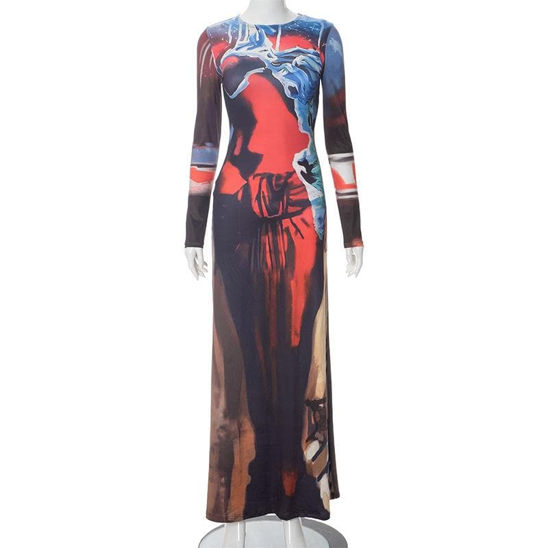 Abstract long sleeve contrast print maxi dress