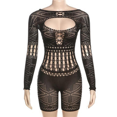 Long sleeve hollow out fishnet solid romper