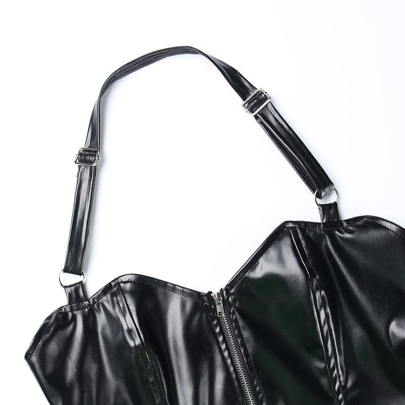 Halter zip-up backless PU leather low cut crop top