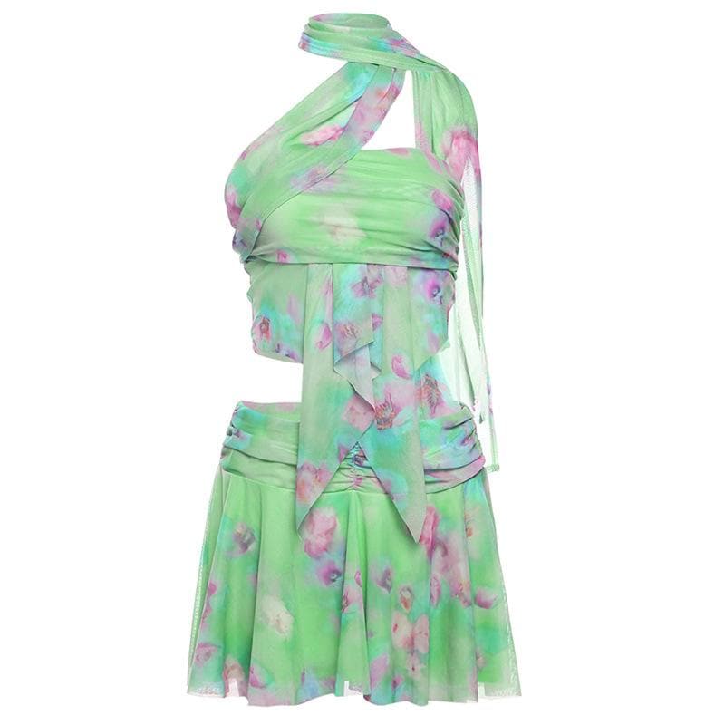 Halter ruched print ruffle mesh mini skirt set