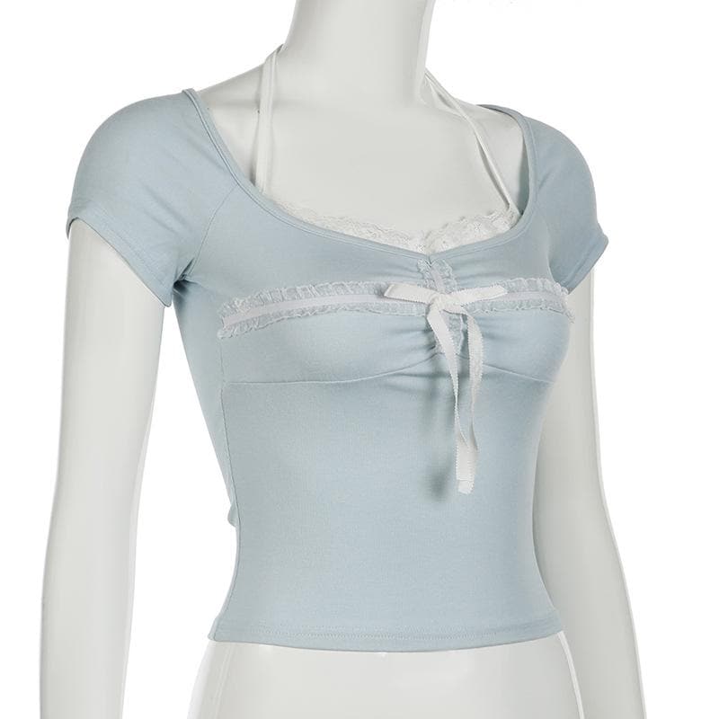Halter short sleeve bowknot lace hem top