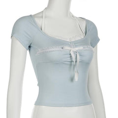 Halter short sleeve bowknot lace hem top