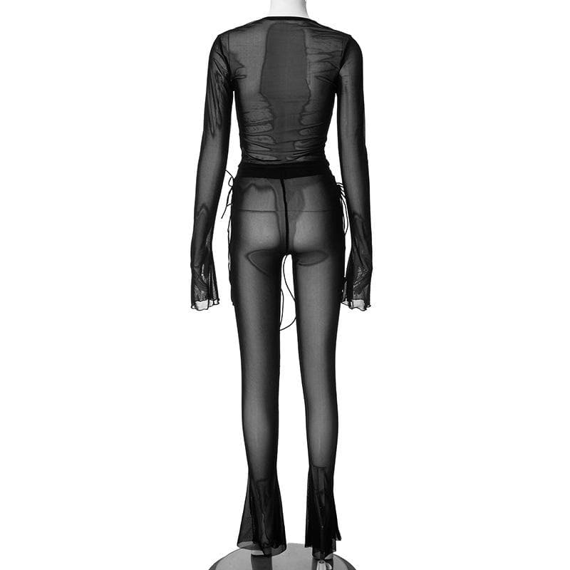 Long flared sleeve lace up sheer mesh pant set