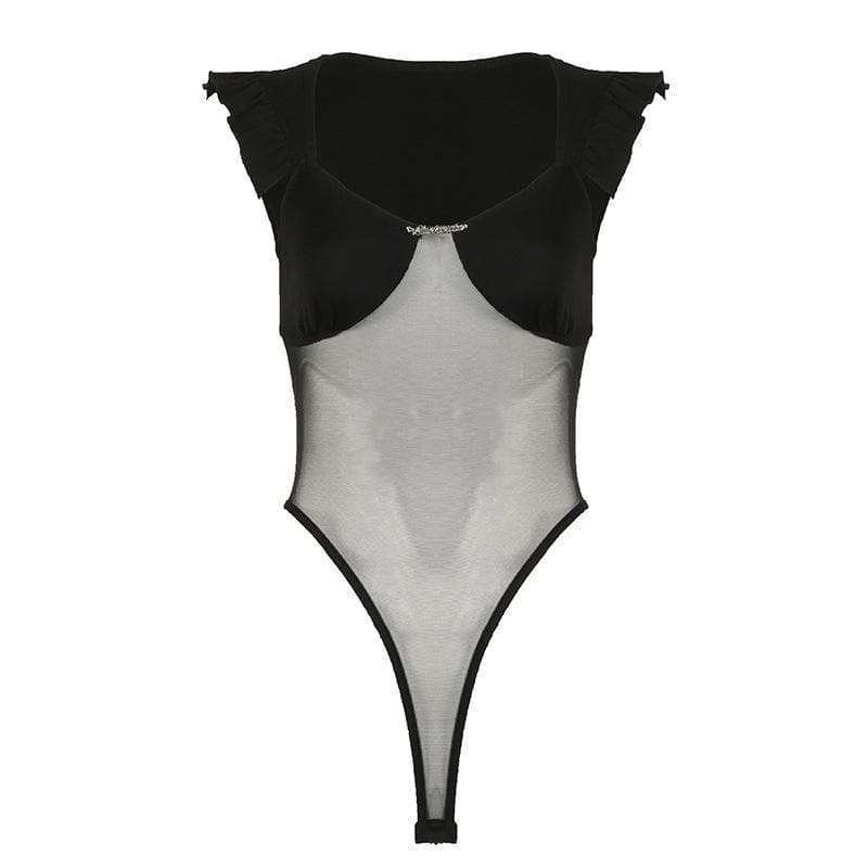 Mesh ruffle v neck metal tag bodysuit