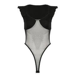 Mesh ruffle v neck metal tag bodysuit