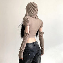 Hoodie cowl neck hollow out long sleeve corset crop cut out top