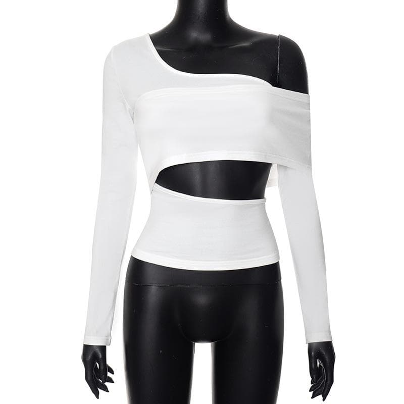 Long sleeve one shoulder hollow out solid irregular backless cut out top