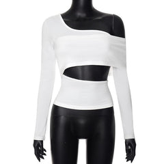 Long sleeve one shoulder hollow out solid irregular backless cut out top