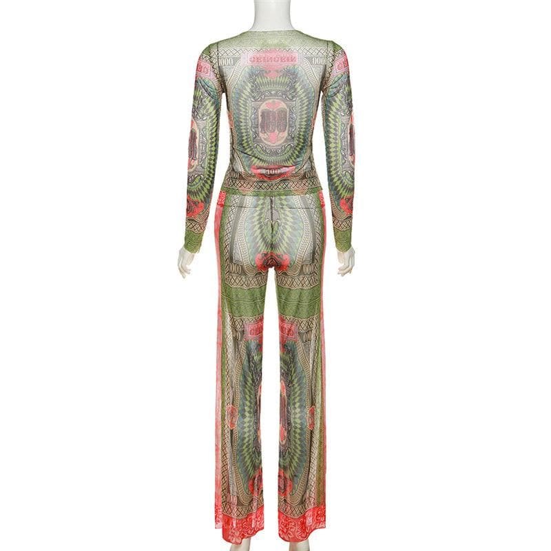 Long sleeve contrast sheer mesh see through pant set