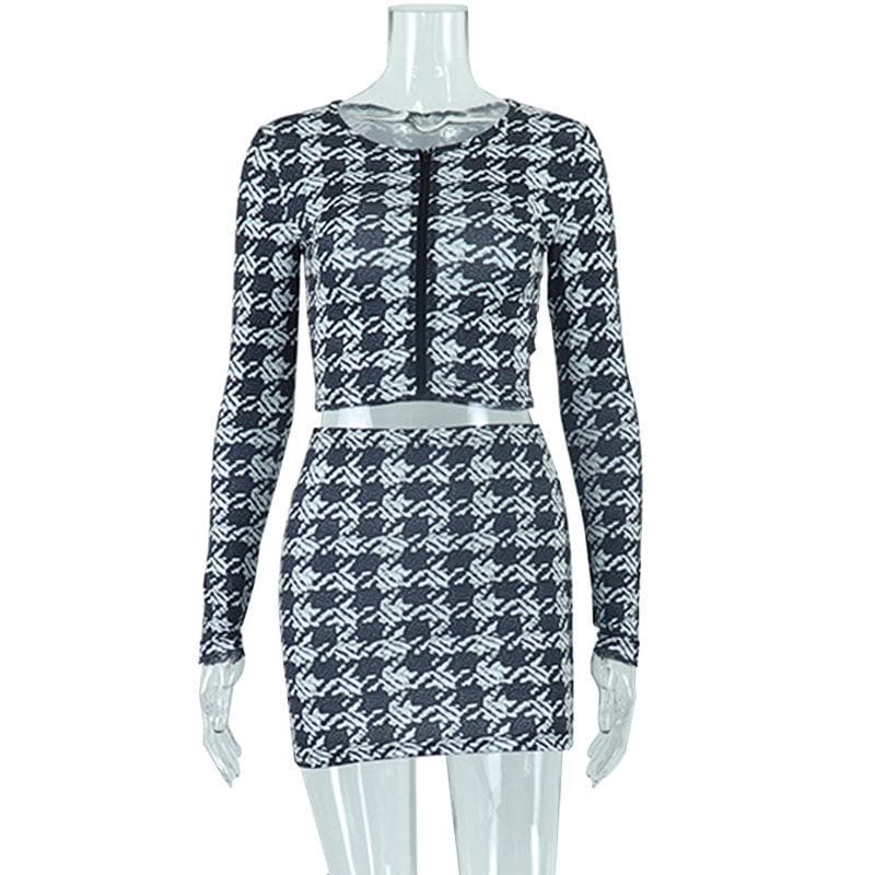 Long sleeve contrast plaid round neck zip-up skirt set - Final Sale