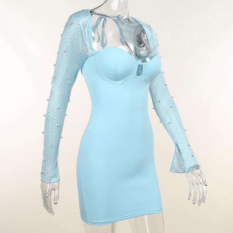 Long sleeve solid hollow out slit ruched beaded self tie backless cut out mini dress - Final Sale