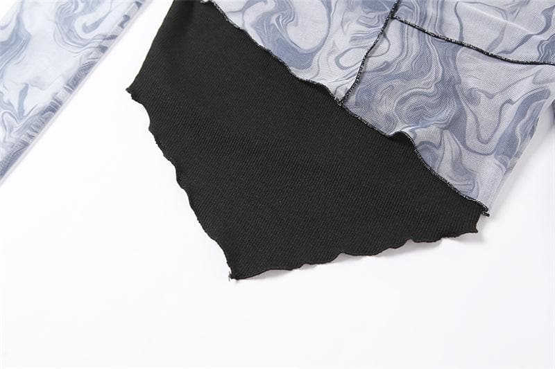 Long sleeve mesh irregular ruffled crop top