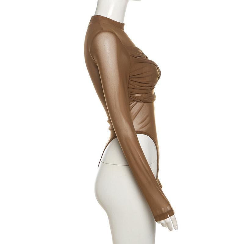 Long sleeve high neck mesh ruched bodysuit