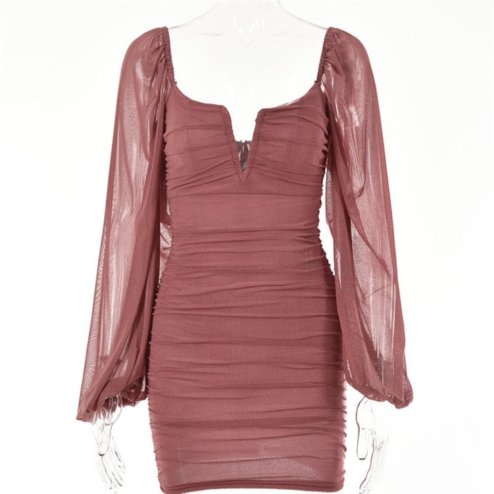Mesh solid long sleeve ruched notch neck zip-up mini dress